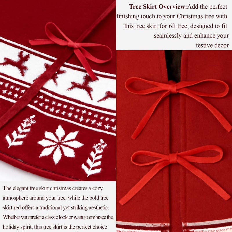 Lizuart Christmas Tree Skirt 48 Inches | Red Xmas Tree Skirt with Rustic Snowflake & Reindeer Pattern, Fits 5 to 7 Foot Trees, Perfect Christmas Decorations for Holiday Trees. - Image 4